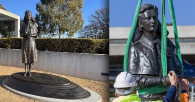 A statue of Vivian Bullwinkelimplaced at The Australian War Memorial (left) and being craned into place. Photos supplied.