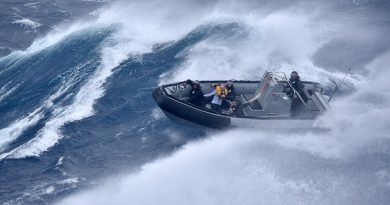 The RHIB crew from HMNZS Te Mana, with the saved yachtsman, battling big seas off Great Barrier Island during Cyclone Gabrielle. NZDF image supplied.