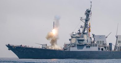 Guided missile destroyer USS Dewey conducts a Tomahawk missile flight test while underway in the western Pacific. US Navy photo by Mass Communication Specialist 2nd Class Devin M. Langer.
