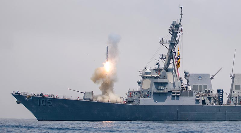 Guided missile destroyer USS Dewey conducts a Tomahawk missile flight test while underway in the western Pacific. US Navy photo by Mass Communication Specialist 2nd Class Devin M. Langer.