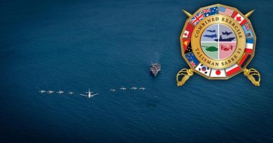 Exercise Talisman Sabre Air Task Group aircraft fly in formation over the USS Ronald Regan in the Timor Sea while participating in Exercise Talisman Sabre 23.