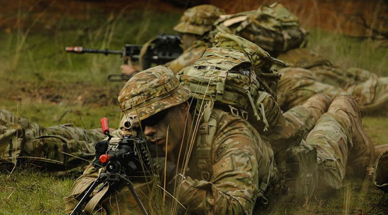 An Army recruit from 1st Recruit Training Battalion Kapooka takes a sight picture through an F89 Minimi at Blamey Barracks Kapooka, NSW. Photos by Leading Aircraftman Adam Abela.