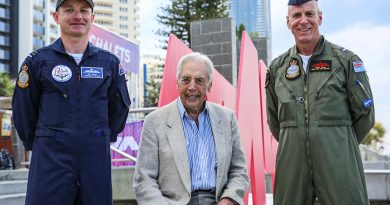 Air Force Roulette pilot Flight Lieutenant Ben Price, left, Air Force Veteran Henry Young, centre, and Air Commodore Micka Gray, right, at Pacific Airshow Gold Coast. Story by Flight Lieutenant Gerard Reed. Photos by Leading Aircraftwoman Taylor Anderson.
