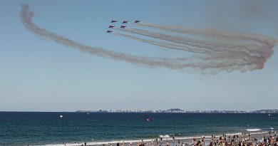 The Royal Australian Air Force aerobatic team, the Roulettes, fly past crowds at the Pacific Airshow Gold Coast. Story by Flight Lieutenant Gerard Reed. Photo by Leading Aircraftwoman Taylor Anderson.