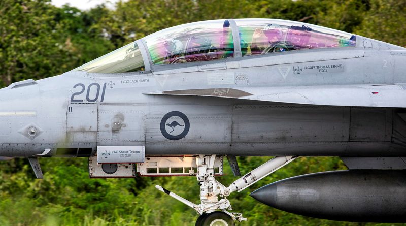 A RAAF F/A-18F Super Hornet aircraft from 1 Squadron taxiing after a sortie during Exercise Thai Boomerang 23 at the Korat Royal Thai Air Force Base, Thailand. Story by Flight Lieutenant Rob Hodgson. Photo by Leading Aircraftman Ryan Howell.