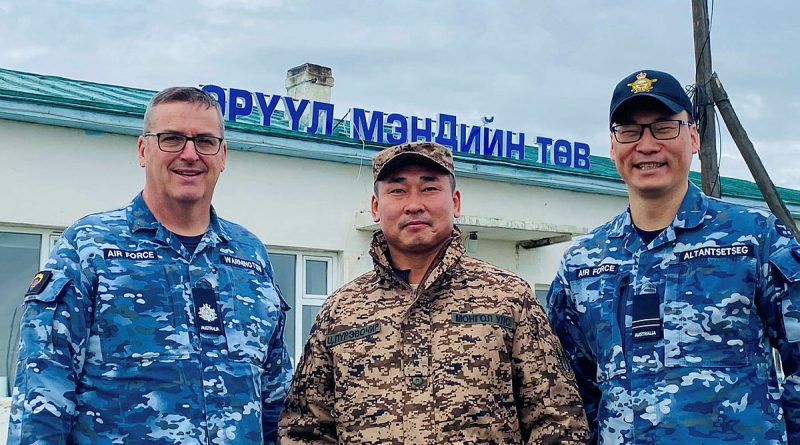 From left, RAAF engineer Warrant Officer Andrew Warmington, Mongolian Armed Forces Lieutenant Tsendendamba and RAAF engineer and interpreter Flight Lieutenant Burentogtokh Altantsetseg at the Tsenser community hospital in Arkhangai State, Central Mongolia. Story by Flight Lieutenant Rachael Blake.