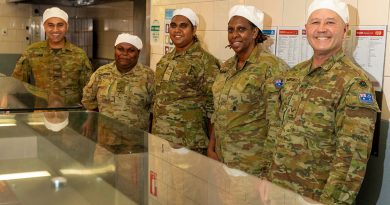 Students of the first Army Reserve catering operator course held at HMAS Cerberus, Victoria. From left, Privates Harmeet Singh, Samara Fourmile, Shanane Doughboy, Nazareth Gamia and Lance Corporal James Noonan. Story by Richard Wilkins. Photos by Leading Seaman James McDougall.