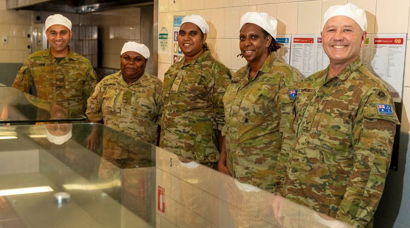Students of the first Army Reserve catering operator course held at HMAS Cerberus, Victoria. From left, Privates Harmeet Singh, Samara Fourmile, Shanane Doughboy, Nazareth Gamia and Lance Corporal James Noonan. Story by Richard Wilkins. Photos by Leading Seaman James McDougall.
