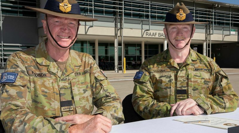 Outgoing Commander Air Commodore David Paddison, left, and incoming Commander Air Commodore Robert Graham during the Combat Support Group change-of-command ceremony at RAAF Base Amberley, Queensland. Story by Flight Lieutenant Greg Hinks. Photos by Corporal Brett Sherriff.
