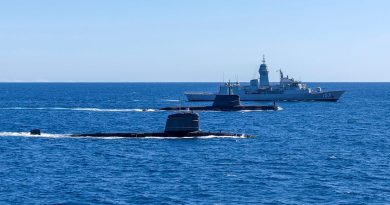 From front, HMAS Rankin, INS Vagir and HMAS Perth conduct manoeuvre exercises at the Western Australian Exercise Area during the Indian Submarine INS Vagir’s visit to Fleet Base West in Perth. Story by Lieutenant Max Logan. Photo by Leading Seaman Ernesto Sanchez.