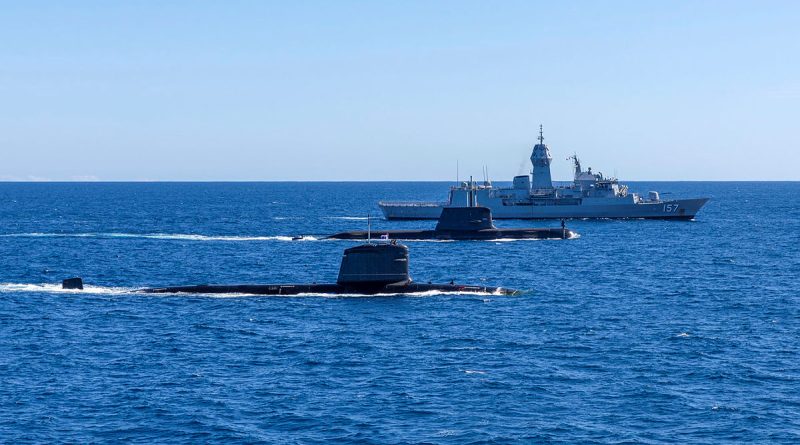 From front, HMAS Rankin, INS Vagir and HMAS Perth conduct manoeuvre exercises at the Western Australian Exercise Area during the Indian Submarine INS Vagir’s visit to Fleet Base West in Perth. Story by Lieutenant Max Logan. Photo by Leading Seaman Ernesto Sanchez.