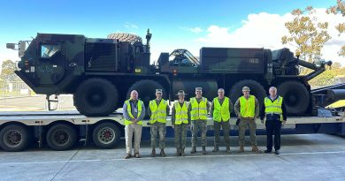 Australian and United States military personnel welcome the arrival of the first United States Army materiel to Wadsworth Barracks, Bandiana together site managers on 14 August 2020. Story by Captain Krysten Clifton. Photo by Major Matthew Knight.