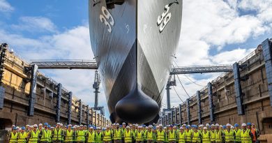 HMAS Hobart ship's company in the Captain Cook Graving Dock, Fleet Base East, NSW. Story by Lieutenant Eliza Von Thrum. Photo by Able Seaman Benjamin Ricketts.