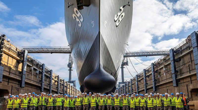 HMAS Hobart ship's company in the Captain Cook Graving Dock, Fleet Base East, NSW. Story by Lieutenant Eliza Von Thrum. Photo by Able Seaman Benjamin Ricketts.