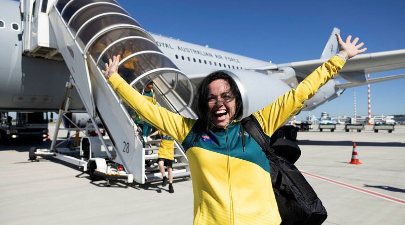 Invictus Games 2020 Team Australia competitor Colleen Swifte disembarks a Royal Australian Air Force KC-30A at Düsseldorf Airport, Germany. Story by Belinda Barker. Photos by Flight Sergeant Ricky Fuller.