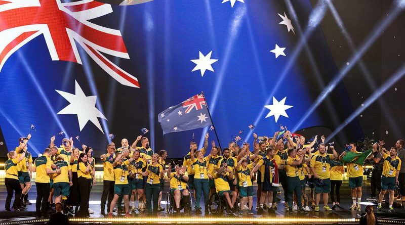 Invictus Games Team Australia competitors and staff enter the stadium during the opening ceremony at the Merkur Spiel-Arena in Düsseldorf, Germany. Story by Tina Langridge. Photo by Flight Sergeant Ricky Fuller.