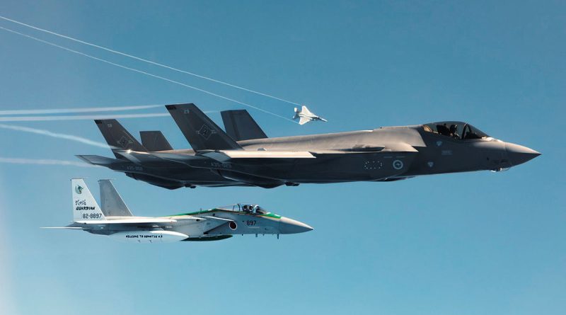 Royal Australian Air Force F-35A Lightning II aircraft fly with Japan Air Self-Defense Force F-15J Eagle aircraft during Exercise Bushido Guardian 2023. Story by Flight Lieutenant Claire Campbell. Photo by Leading Aircraftman Samuel Miller.