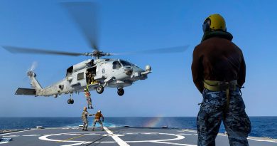 Royal Australian Navy sailors and officers from HMAS Toowoomba’s embarked MH-60R aircraft “Valkyrie” transfer passengers during an exercise off the coast of Western Australia as the ship prepares for regional presence deployment 2023. Story by Lieutenant Max Logan. Photo by Leading Seaman Ernesto Sanchez.