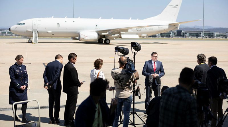 Minister for Defence Industry, Pat Conroy MP, during the announcement to boost the RAAF's fleet of 14 Boeing P-8A Poseidon Maritime Patrol and Response aircraft at RAAF Fairbairn. Photo by Jay Cronan.