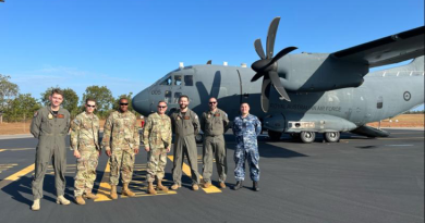 Pilots and crew members from RAAF flank members from the US 8th Theatre Sustainment Command on completing the RAAF’s first flight as a chartered member of the Movement Control Centre – Europe during Talisman Sabre. Photo by Major Theresa Christie, US Army.