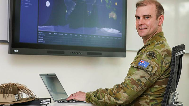 Joint Task Force - Space Defence Commercial Operations cell's first accredited operator, Major Thomas Bittner, at RAAF Base Edinburgh.
