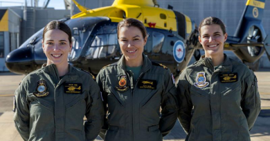 From left, Acting Sub-Lieutenant Chloe Wise, Acting Sub-Lieutenant Kathryn Boyd and Sub-Lieutenant Phoebe Curtis on the flightline at 723 Squadron, HMAS Albatross. Story by Sub-Lieutenant Marina Riley. Photo by Petty Officer Justin Brown.