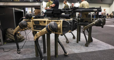 Quadrupedal uncrewed vehicles, colloquially known as ‘robot dogs’, fitted with mock weapons on display at the Army Robotics Expo as part of the Chief of Army Symposium 2023 in Perth. Story by Warrant Officer Class Two Max Bree.