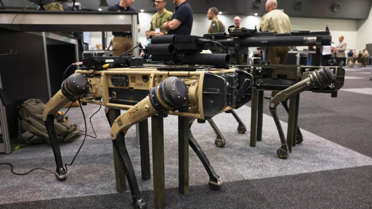 Quadrupedal uncrewed vehicles, colloquially known as ‘robot dogs’, fitted with mock weapons on display at the Army Robotics Expo as part of the Chief of Army Symposium 2023 in Perth. Story by Warrant Officer Class Two Max Bree.