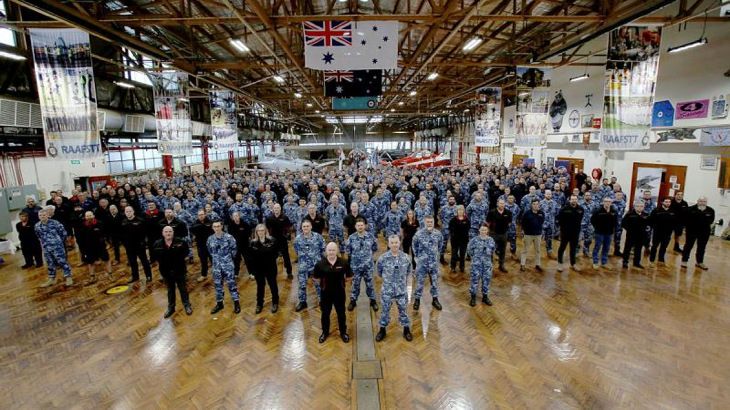 RAAF School of Technical Training Squadron staff take a group photo at RAAF Base Wagga during the squadron’s visit day. Story by Squadron Leader Kate Davis. Photo by Flight Sergeant Craig Sharp.
