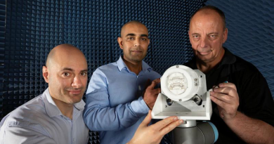 (Left) Daniel Borg, Dr Manik Attygalle and David Burdon from the MetaSteerers team showing their award winning antenna system. Story by Emma Thompson. Photo by Megan Popelier.