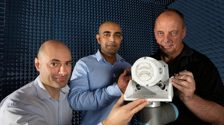 (Left) Daniel Borg, Dr Manik Attygalle and David Burdon from the MetaSteerers team showing their award winning antenna system. Story by Emma Thompson. Photo by Megan Popelier.