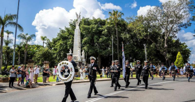 HMAS Maryborough personnel march past the Maryborough Cenotaph during their freedom-of-entry parade. Story by Midshipman Jackson Marsh.