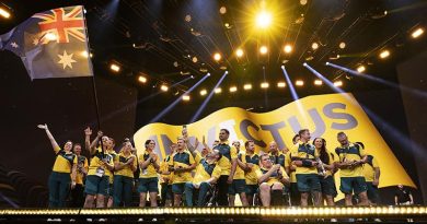Invictus Games 2023 Team Australia competitors enter the stadium during the Invictus Games 2023 closing ceremony at the Merkur Spiel-Arena in Düsseldorf, Germany. Photo by Flight Sergeant Ricky Fuller.