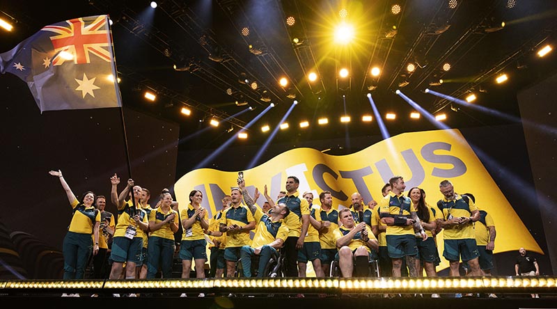 Invictus Games 2023 Team Australia competitors enter the stadium during the Invictus Games 2023 closing ceremony at the Merkur Spiel-Arena in Düsseldorf, Germany. Photo by Flight Sergeant Ricky Fuller.