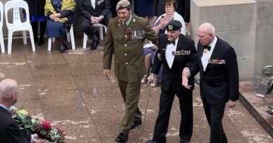 Keith Payne VC, escorted by Corporal Willie Apiata VC and Governor General David Hurley, at the Last Post Ceremony at The Australian War Memorial, before a gala dinner to celebrate his 90th birthday. Photo by Glenn Fenwick.