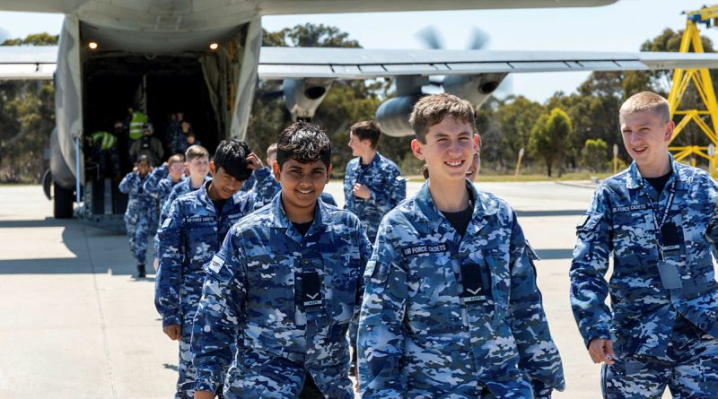 Australian Air Force Cadets disembark a C-130J Hercules at RAAF Base Pearce after a familiarisation flight. Story and photos by Flying Officer Michael Thomas.