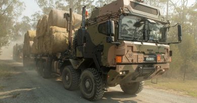 Australian Army HX77 heavy rigid vehicles loaded with fodder heading for Bonang in the north of Gippsland in support of Operation Bushfire Assist, 2020. Story by Captain Krysten Clifton. Photo by Private Michael Currie.