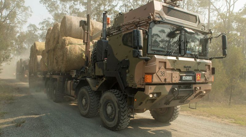 Australian Army HX77 heavy rigid vehicles loaded with fodder heading for Bonang in the north of Gippsland in support of Operation Bushfire Assist, 2020. Story by Captain Krysten Clifton. Photo by Private Michael Currie.