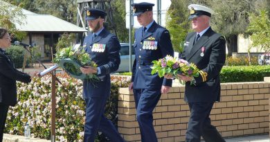 Wing Commander Paul Taylor, left, Squadron Leader Michael Leonard and Navy Lieutenant Michael Wheeler lay wreaths at the Beaufort Bomber ceremony, Busselton, WA. Story by Stephanie Hallen. Photos by Pamela Harrison.