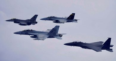 RAAF F/A-18F Super Hornet and Republic of Singapore Air Force, F-16 Fighting Falcon and F-15SG Strike Eagle aircraft fly in formation over Singapore. Story by Flight Lieutenant Rob Hodgson.