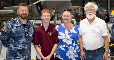 From left, Flight Sergeant Aaron Absolon with Hunter Legacy Youth member Alex Hobson, Victoria Hopkins and President Paul Rees during a tour of the F-35A Lightning II at 3 Squadron, RAAF Base Williamtown. Story by Flight Lieutenant Rob Hodgson. Photos by Aircraftman Kurt Lewis.