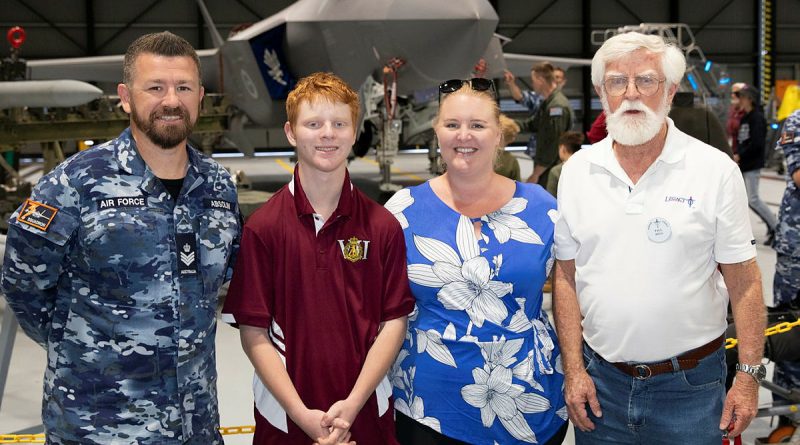 From left, Flight Sergeant Aaron Absolon with Hunter Legacy Youth member Alex Hobson, Victoria Hopkins and President Paul Rees during a tour of the F-35A Lightning II at 3 Squadron, RAAF Base Williamtown. Story by Flight Lieutenant Rob Hodgson. Photos by Aircraftman Kurt Lewis.