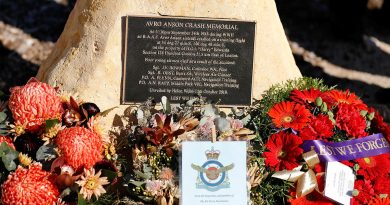 Wreaths adorn the foot of the Loxton Avro Anson Crash Memorial in Loxton, South Australia. Photos by Sergeant Nicci Freeman.