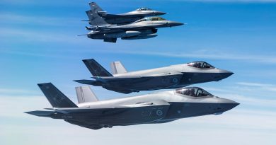 Two RAAF F-35A Lightning II's from 75 Squadron fly with two TNI-AU F-16 Fighting Falcons during Exercise Elang Ausindo 2023. Story by Flight Lieutenant Claire Campbell. Photos by Corporal Kieren Whiteley.
