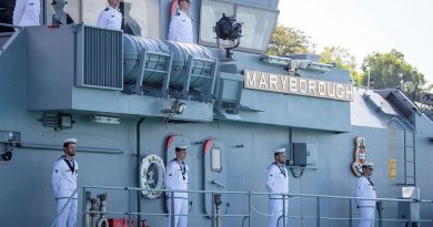 Ship's company line the upper decks of HMAS Maryborough II during its decommissioning ceremony. Story by Lieutenant Harrison Thomas. Photos by Petty Officer Leo Baumgartner.