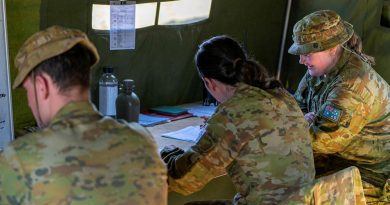 Third-year trainee officers Samuel Woods, Matilda Roberts and Emily Lewis during the ADFA Leadership Challenge Three exercise in Majura training field in Canberra. Story by Chelsey Ballard. Photos by Officer Cadet Mikaela Cox.