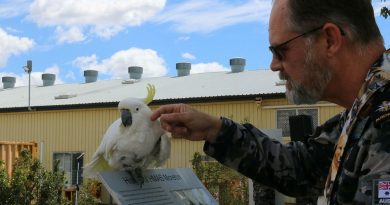 Chaplain Stephen Briggs with Bob the 54-year-old cockatoo at HMAS Moreton’s Blessing of the Pets. Story by Lieutenant Rebecca Williamson.