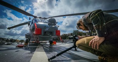 Training Force Multimedia Unit technical multimedia specialist Chris Paraskevas films an MH-60R Seahawk aboard a Canberra-class landing helicopter dock. Story by Richard Wilkins.