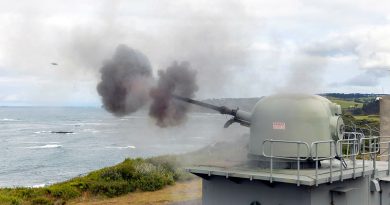 The 76mm medium calibre gun fires an 80-round burst at West Head gunnery range at Flinders, Victoria. Story by Richard Wilkins. Photos by Leading Seaman James McDougall.