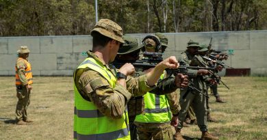 Australian Army soldiers instruct Republic of Fiji Military Forces members during a live shoot with the Australian EF88, as part of Exercise Coral Warrior at Gallipoli Barracks, Brisbane. Story by Captain Cody Tsaousis. Photos by Private Alfred Stauder.